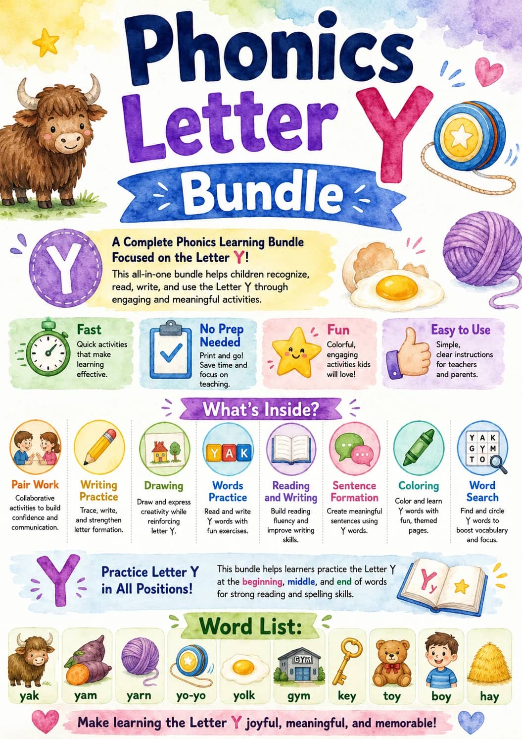 Letter Y Phonics Worksheets Pack printable worksheet pack preview from KiwiBee