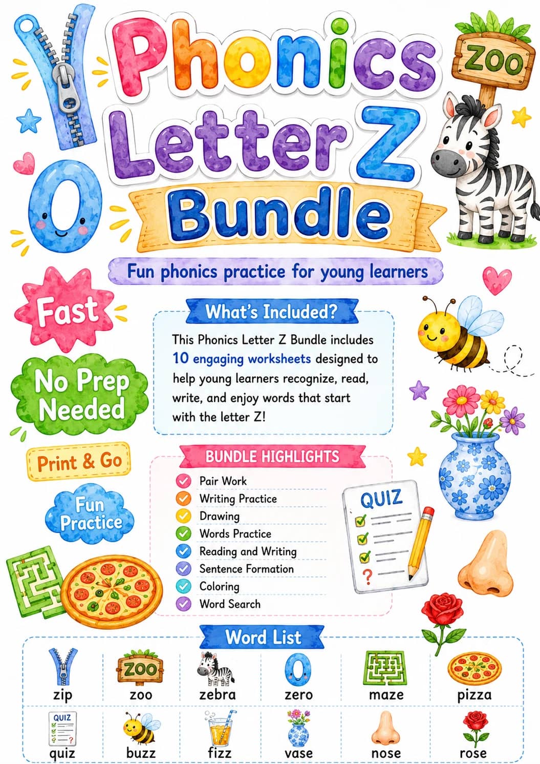 Letter Z Phonics Worksheets Pack printable worksheet pack preview from KiwiBee