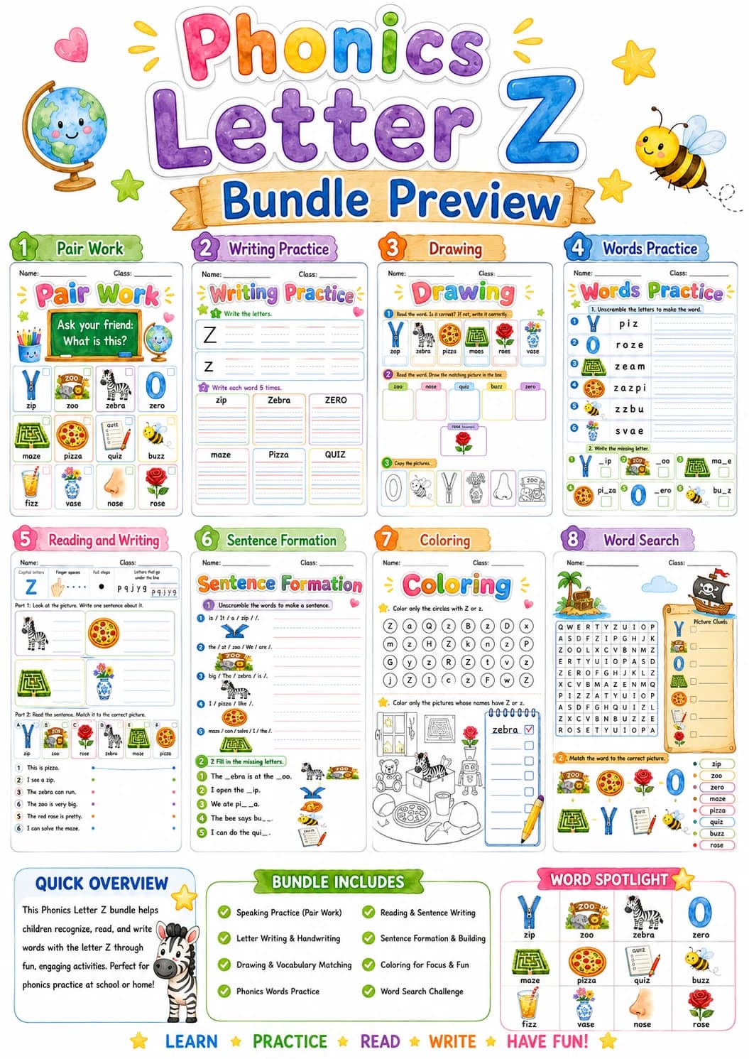 Letter Z Phonics Worksheets Pack page 2 printable worksheet preview