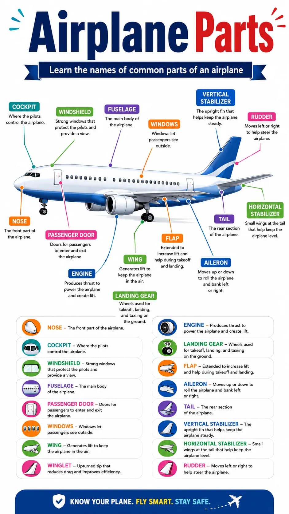 Airplane Parts Infographic printable English vocabulary infographic preview from KiwiBee