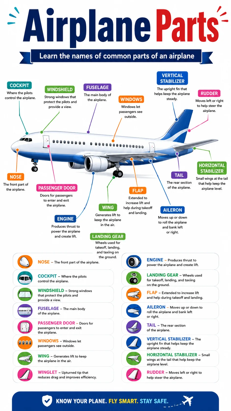 Airplane Parts Infographic printable English vocabulary infographic preview from KiwiBee