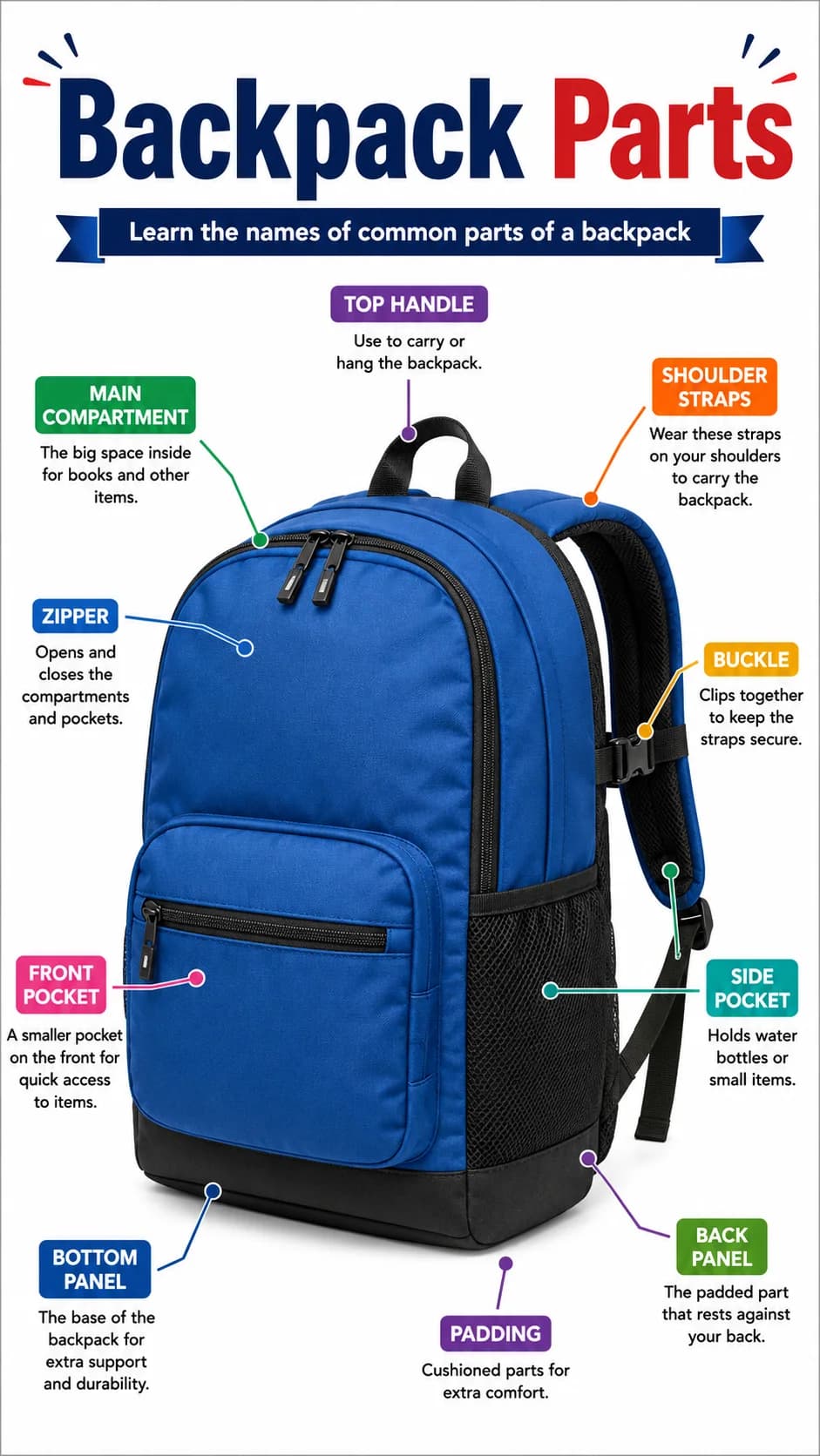 Backpack Parts Infographic printable English vocabulary infographic preview from KiwiBee