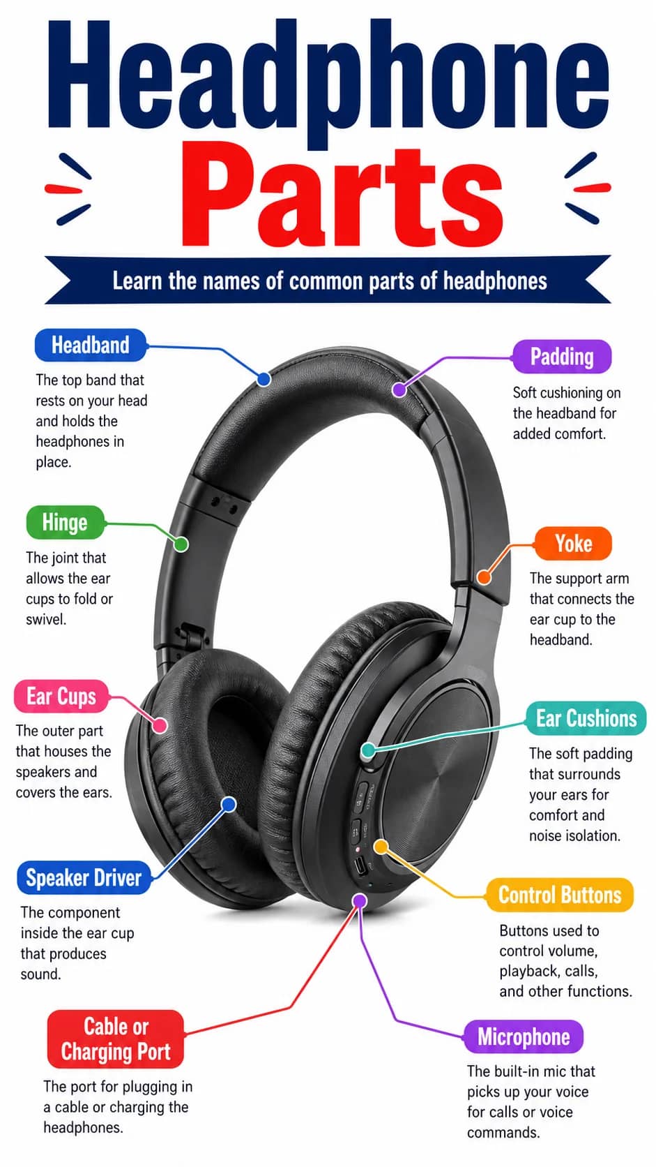 Headphone Parts Infographic printable English vocabulary infographic preview from KiwiBee