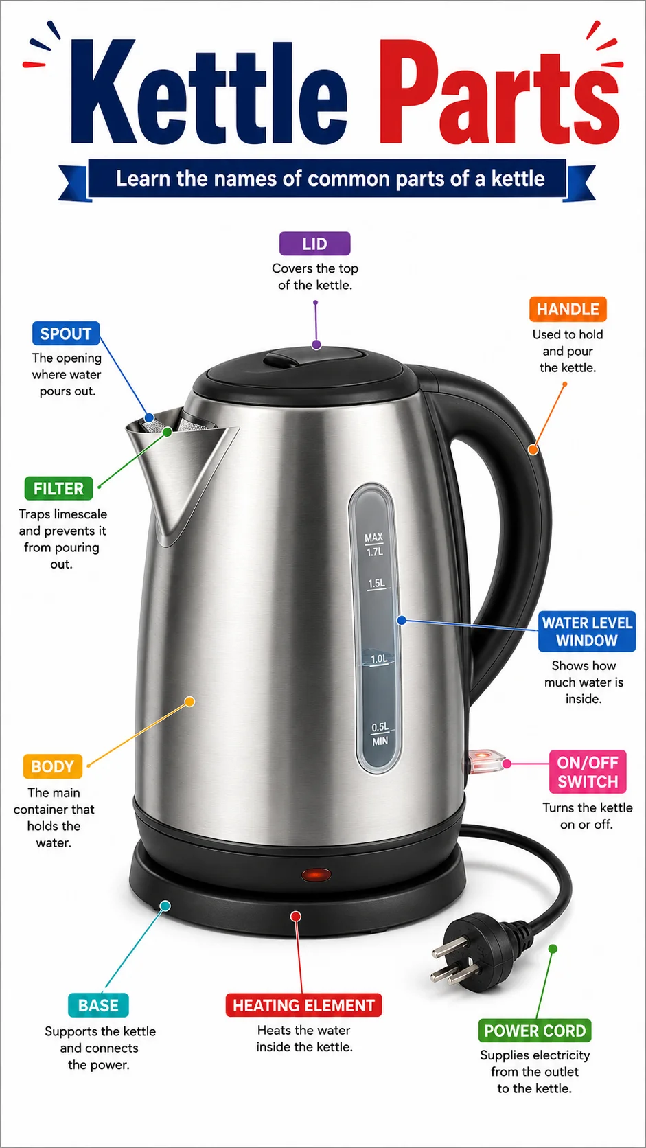 Kettle Parts Infographic printable English vocabulary infographic preview from KiwiBee