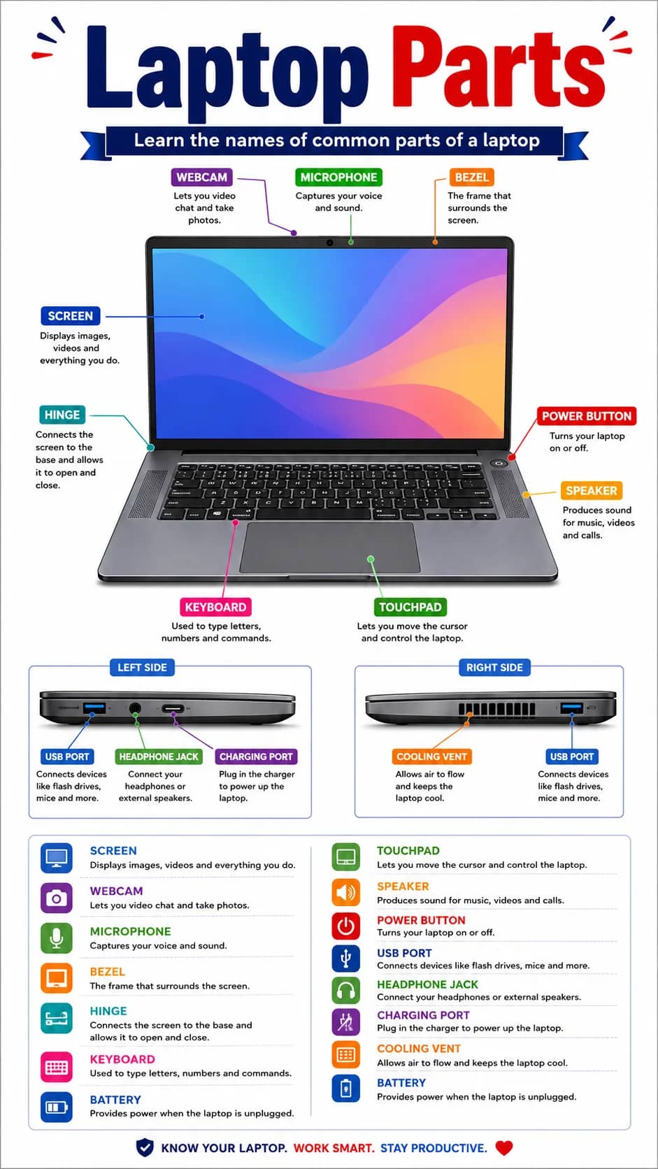 Laptop Parts Infographic printable English vocabulary infographic preview from KiwiBee
