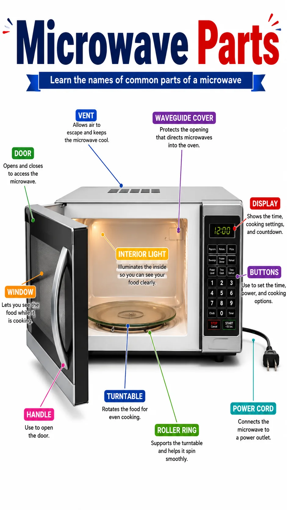 Microwave Parts Infographic printable English vocabulary infographic preview from KiwiBee