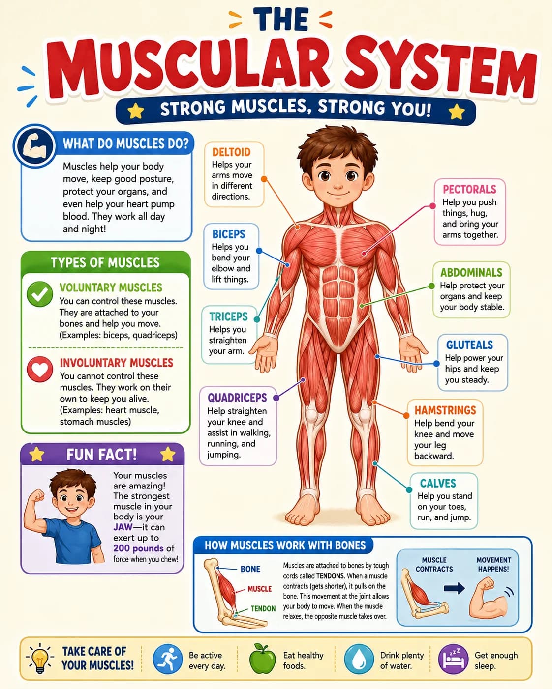 Muscular System Infographic printable English vocabulary infographic preview from KiwiBee