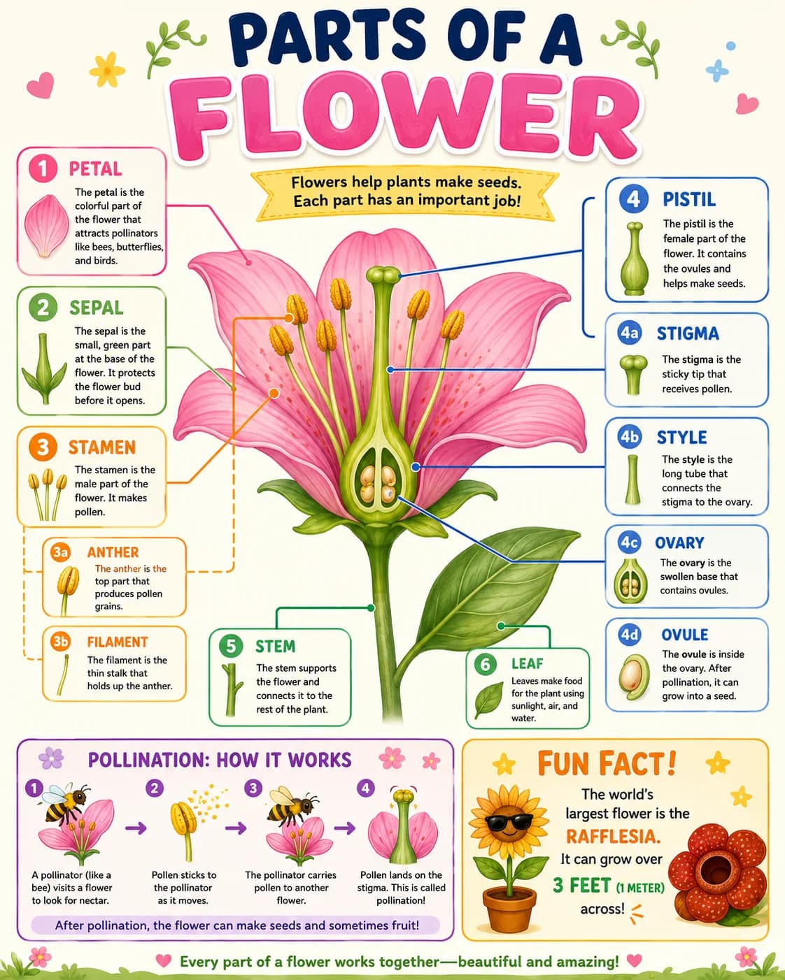 Parts of a Flower Infographic printable English vocabulary infographic preview from KiwiBee
