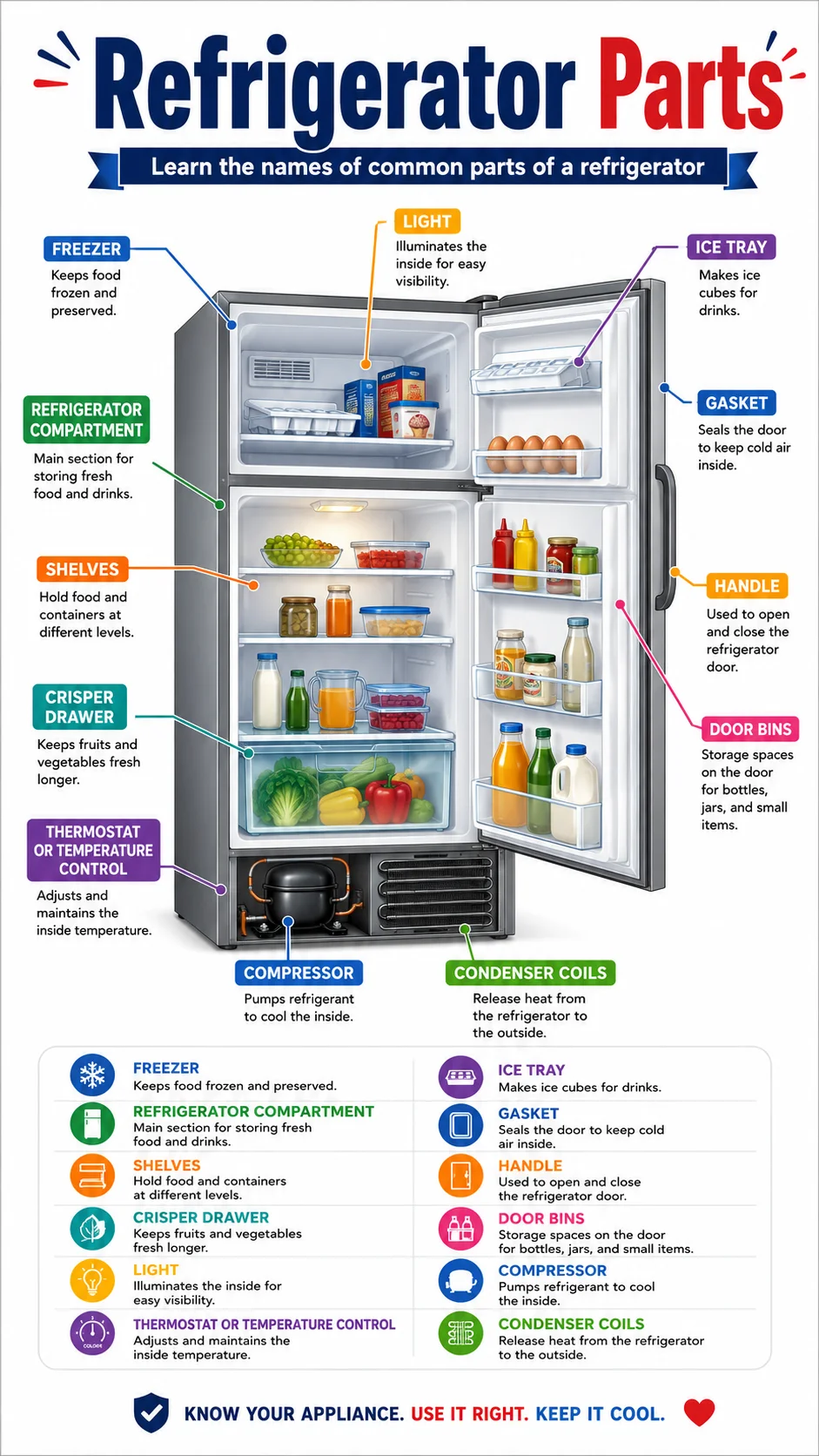 Refrigerator Parts Infographic printable English vocabulary infographic preview from KiwiBee