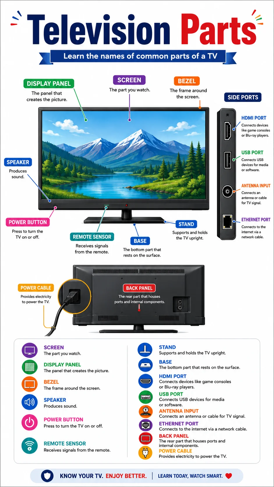 Television Parts Infographic printable English vocabulary infographic preview from KiwiBee