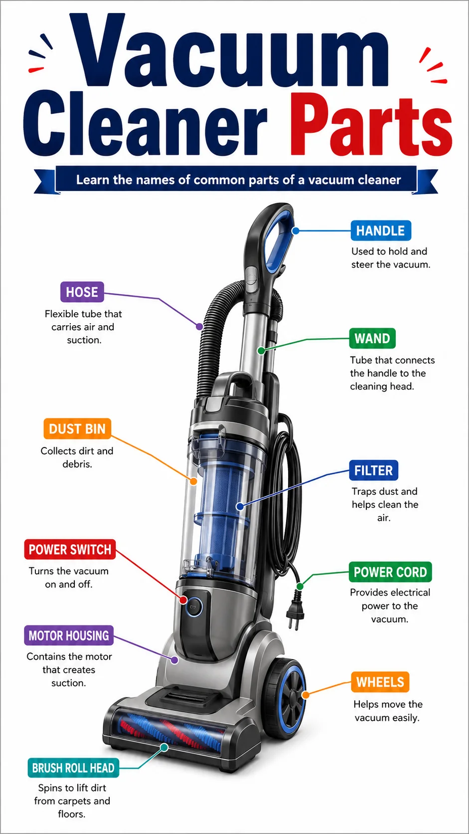 Vacuum Cleaner Parts Infographic printable English vocabulary infographic preview from KiwiBee