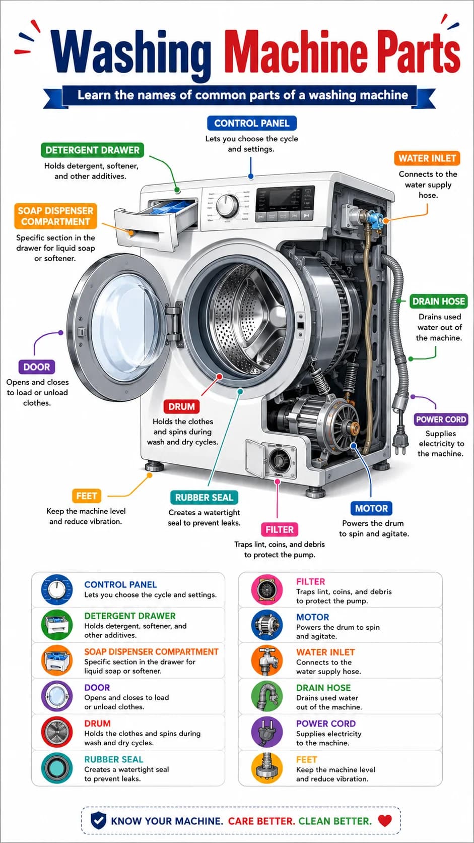 Washing Machine Parts Infographic printable English vocabulary infographic preview from KiwiBee