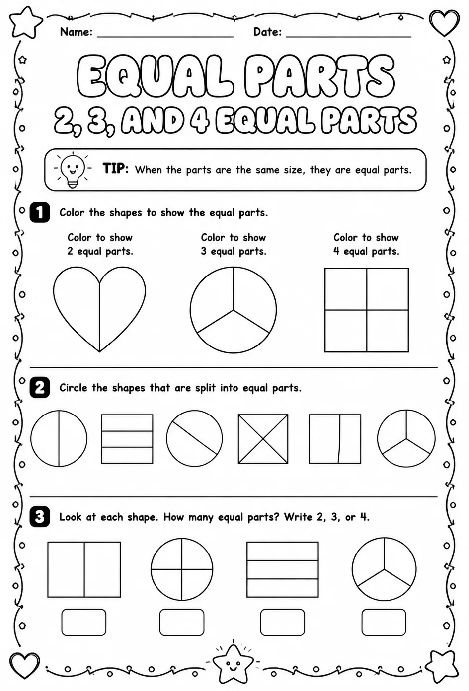 Equal parts - 2, 3, and 4 equal parts — free printable Grade 1 math worksheet
