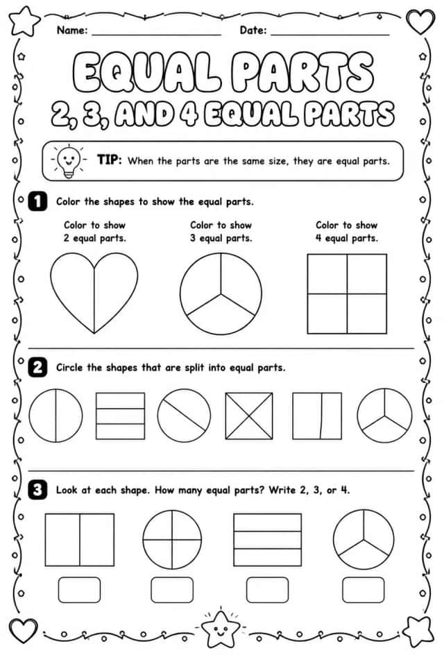 Equal parts - 2, 3, and 4 equal parts