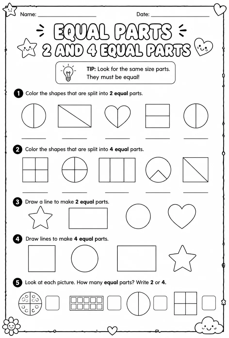 Equal parts - 2 and 4 equal parts — free printable Grade 1 math worksheet