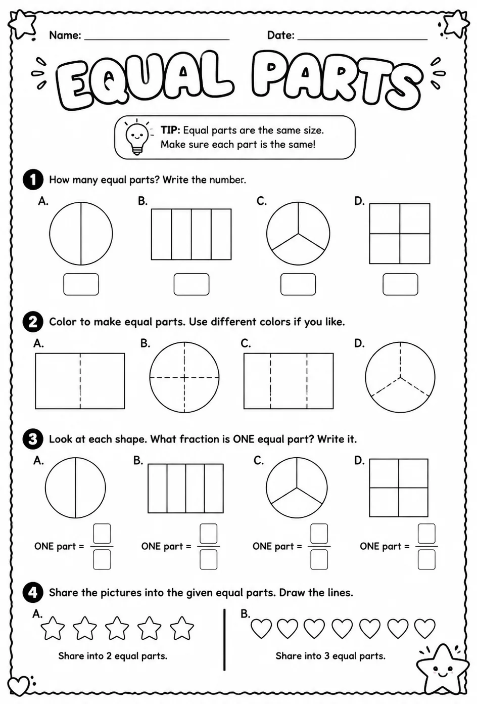 Equal parts — free printable Grade 2 math worksheet