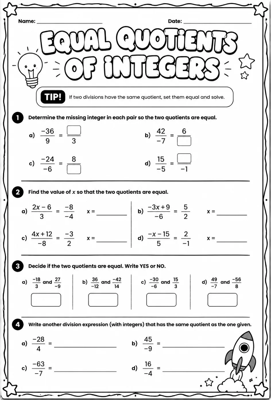 Equal quotients of integers — free printable Grade 7 math worksheet
