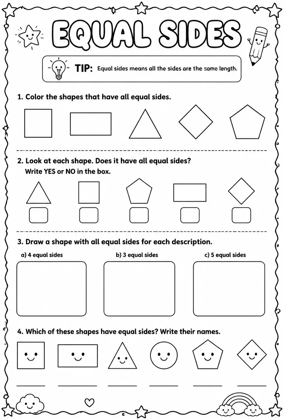 Equal sides — free printable Grade 1 math worksheet