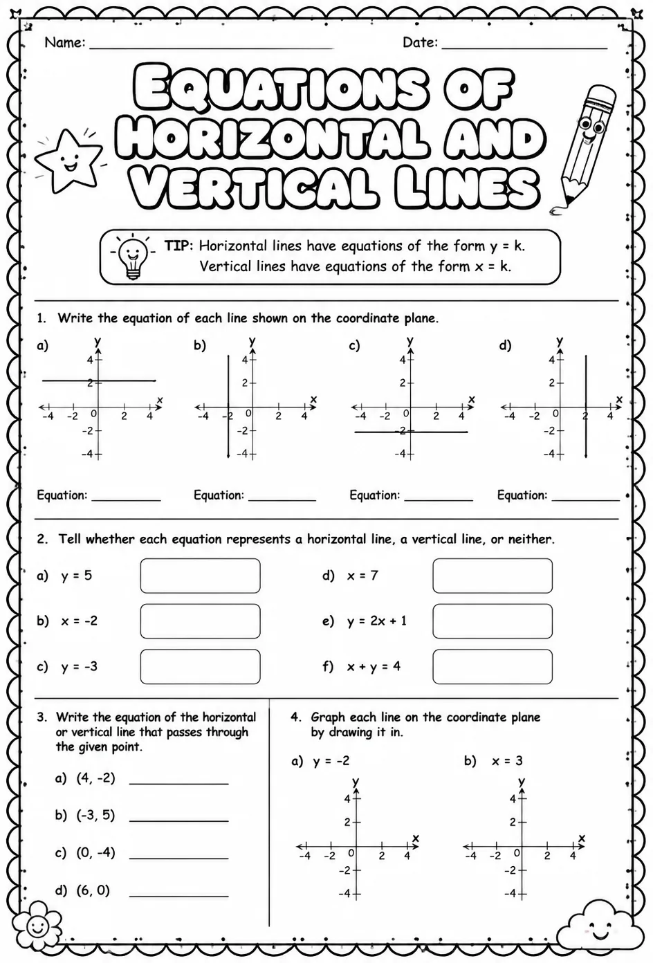 Equations of horizontal and vertical lines — free printable Algebra 1 math worksheet