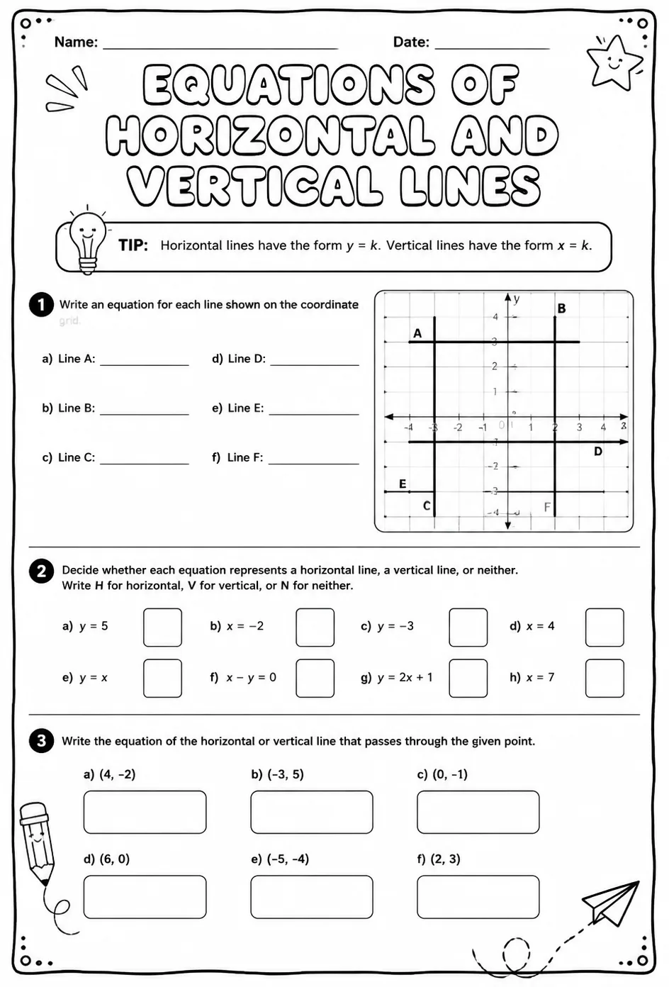 Equations of horizontal and vertical lines — free printable Grade 8 math worksheet