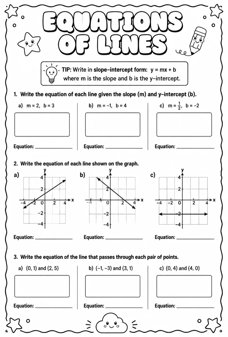 Equations of lines — free printable Geometry math worksheet