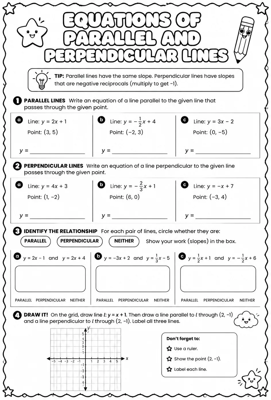 Equations of parallel and perpendicular lines — free printable Geometry math worksheet