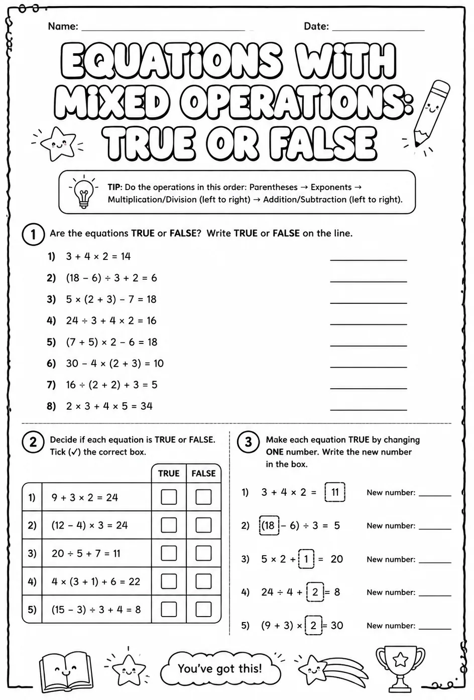 Equations with mixed operations: true or false — free printable Grade 4 math worksheet