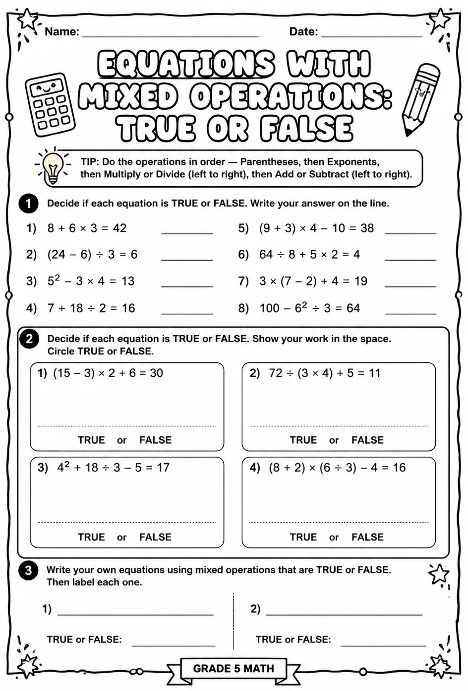 Equations with mixed operations: true or false — free printable Grade 5 math worksheet