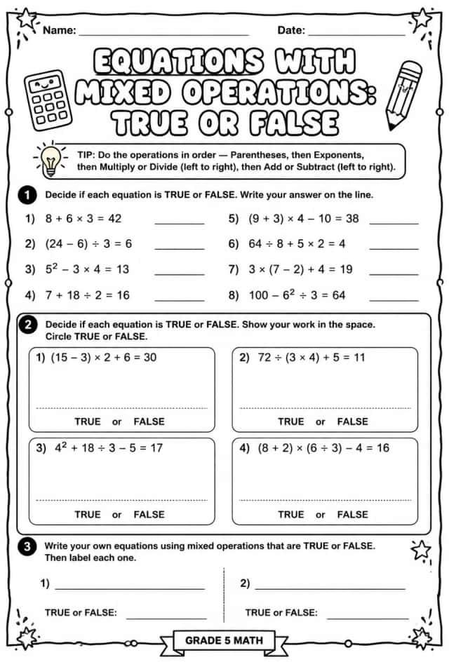 Equations with mixed operations: true or false