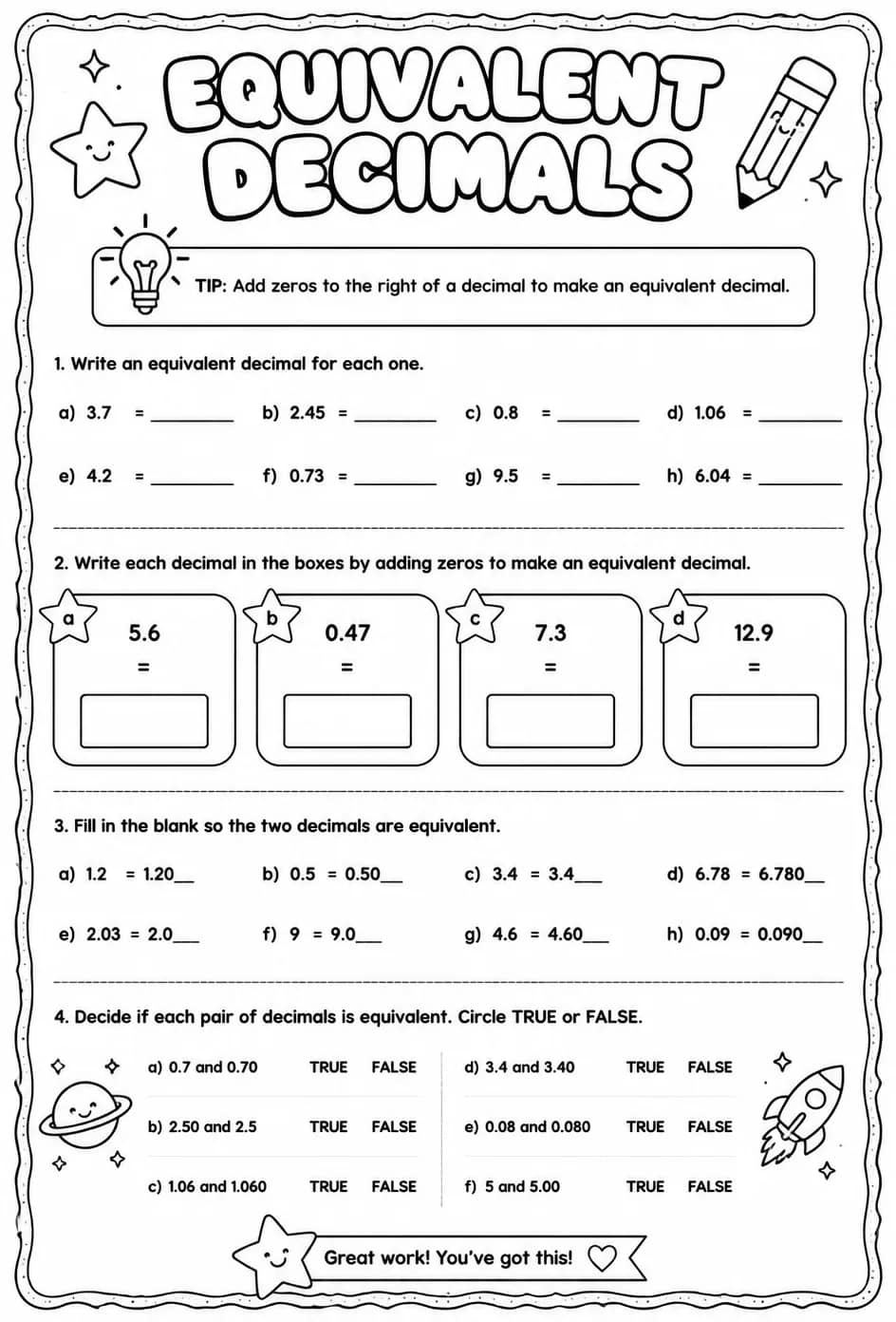 Equivalent decimals — free printable Grade 5 math worksheet