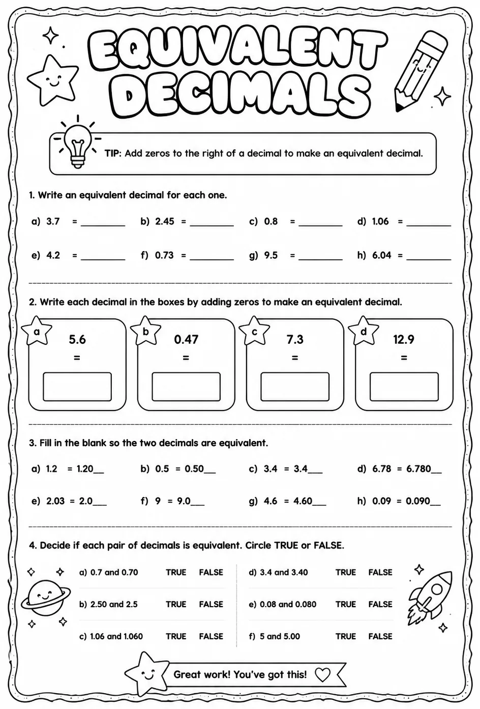 Equivalent decimals — free printable Grade 5 math worksheet
