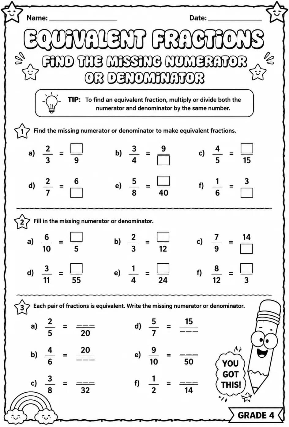 Equivalent fractions: find the missing numerator or denominator — free printable Grade 4 math worksheet