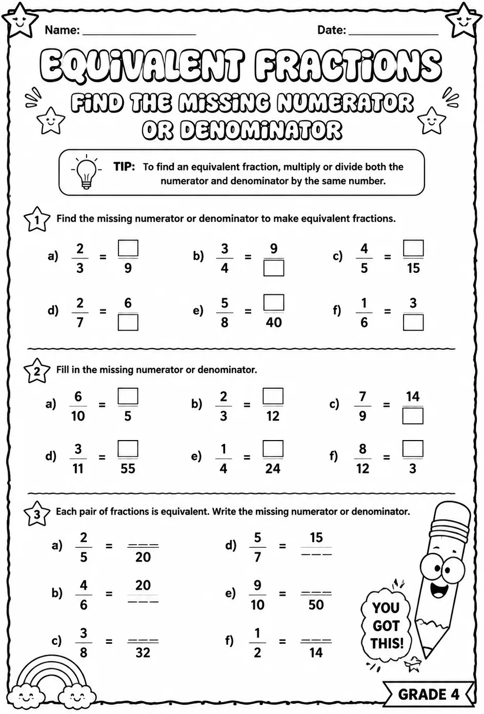 Equivalent fractions: find the missing numerator or denominator — free printable Grade 4 math worksheet