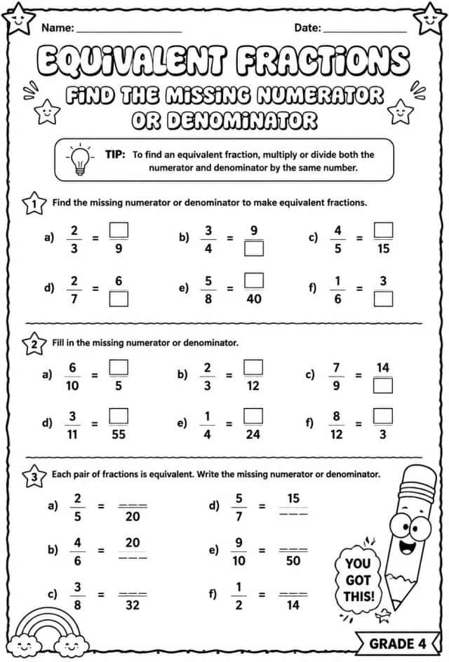 Equivalent fractions: find the missing numerator or denominator