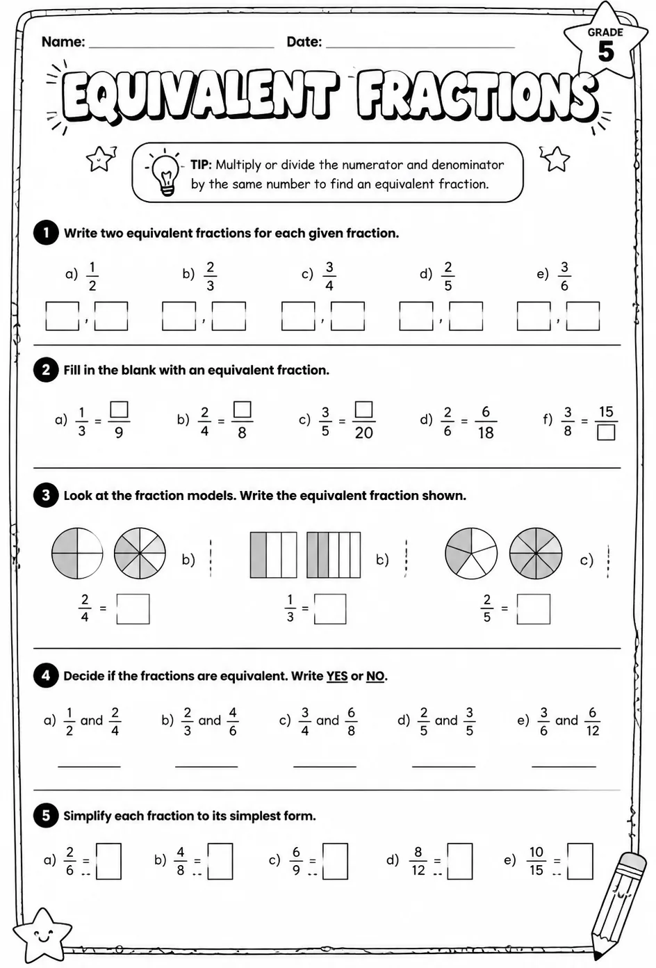 Equivalent fractions — free printable Grade 5 math worksheet