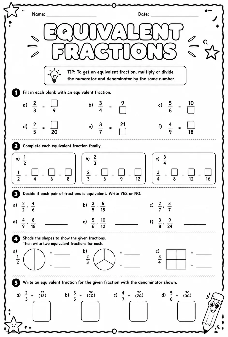 Equivalent fractions — free printable Grade 7 math worksheet