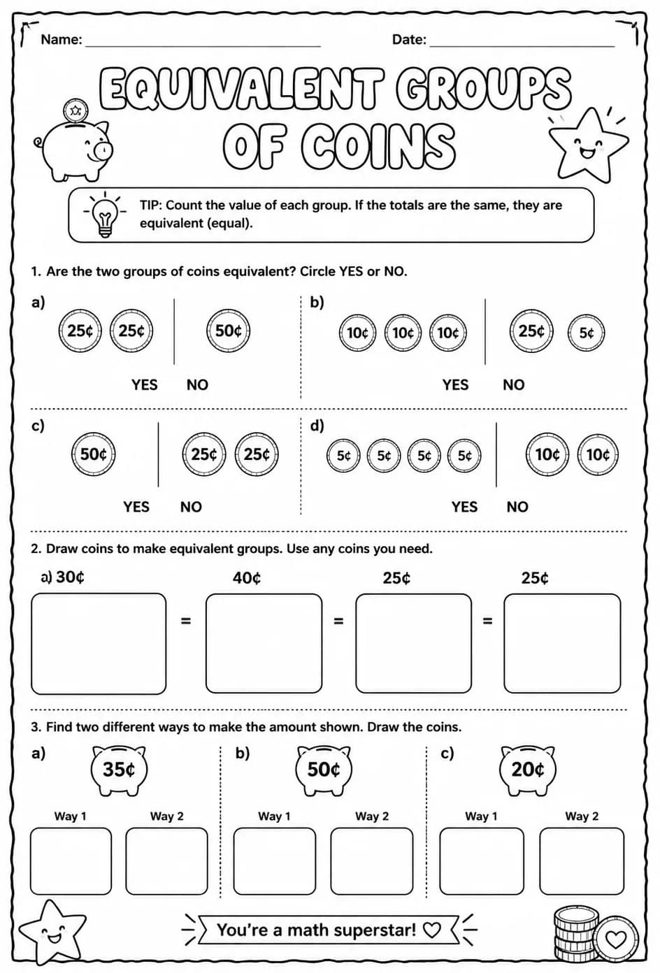 Equivalent groups of coins — free printable Grade 1 math worksheet