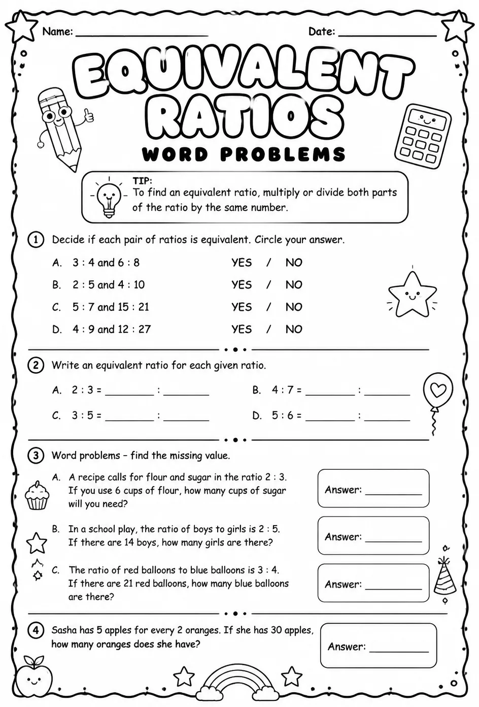 Equivalent ratios: word problems — free printable Grade 6 math worksheet