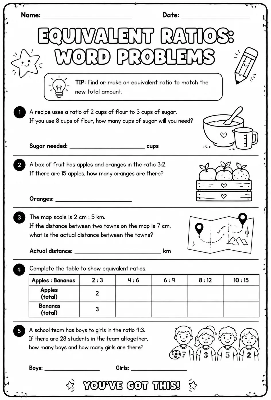 Equivalent ratios: word problems — free printable Grade 7 math worksheet