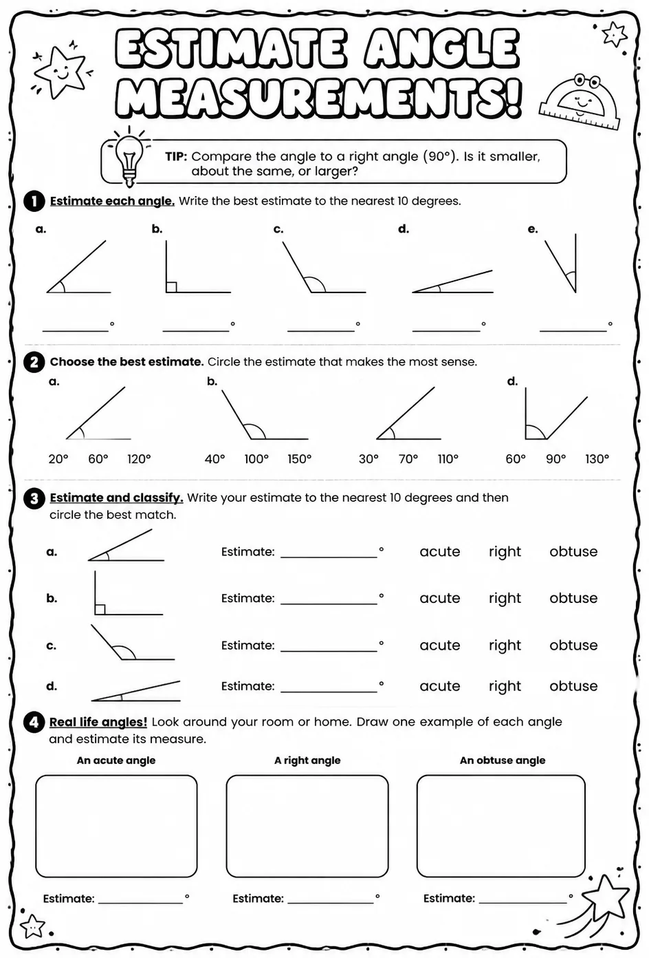 Estimate angle measurements — free printable Grade 4 math worksheet