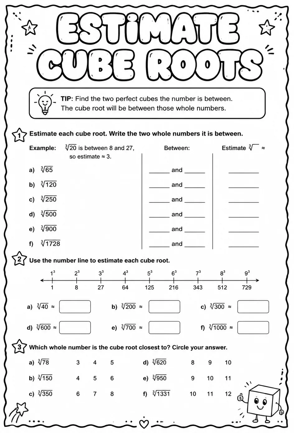Estimate cube roots — free printable Grade 8 math worksheet