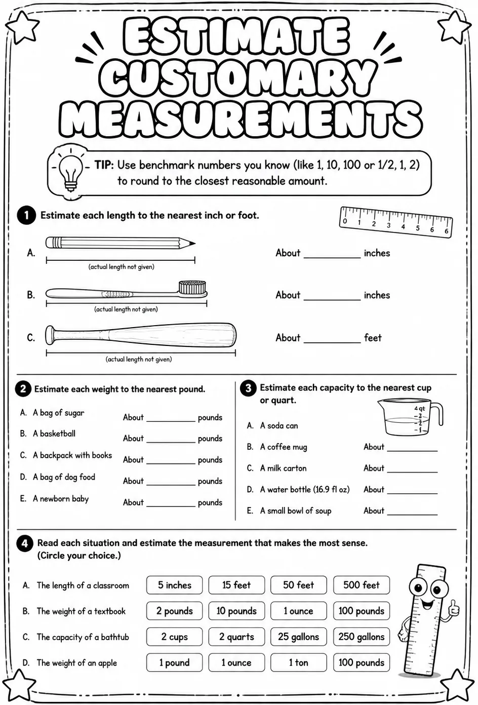 Estimate customary measurements — free printable Grade 6 math worksheet