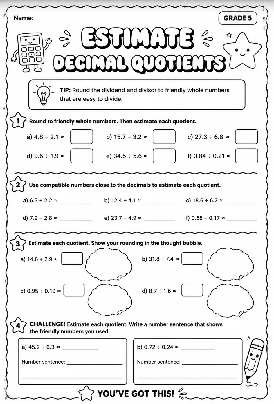 Estimate decimal quotients — free printable Grade 5 math worksheet