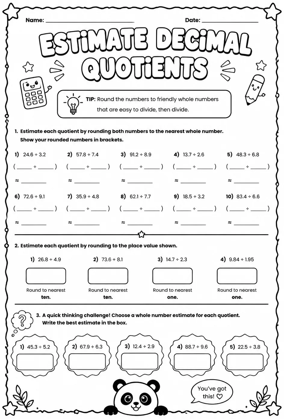 Estimate decimal quotients — free printable Grade 6 math worksheet