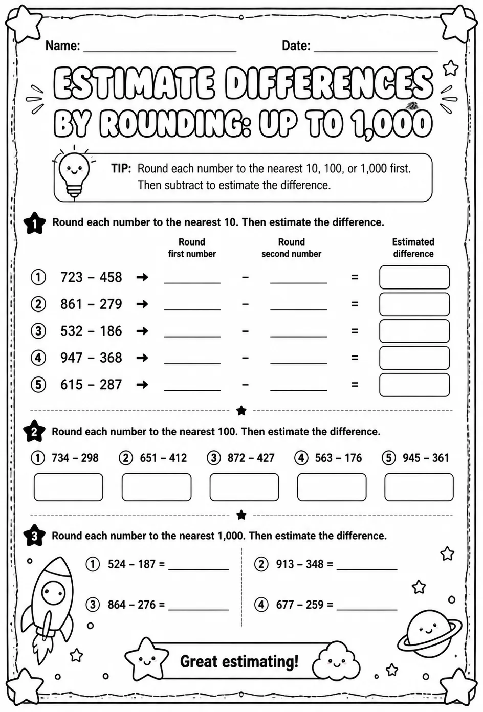 Estimate differences by rounding: up to 1,000 — free printable Grade 3 math worksheet