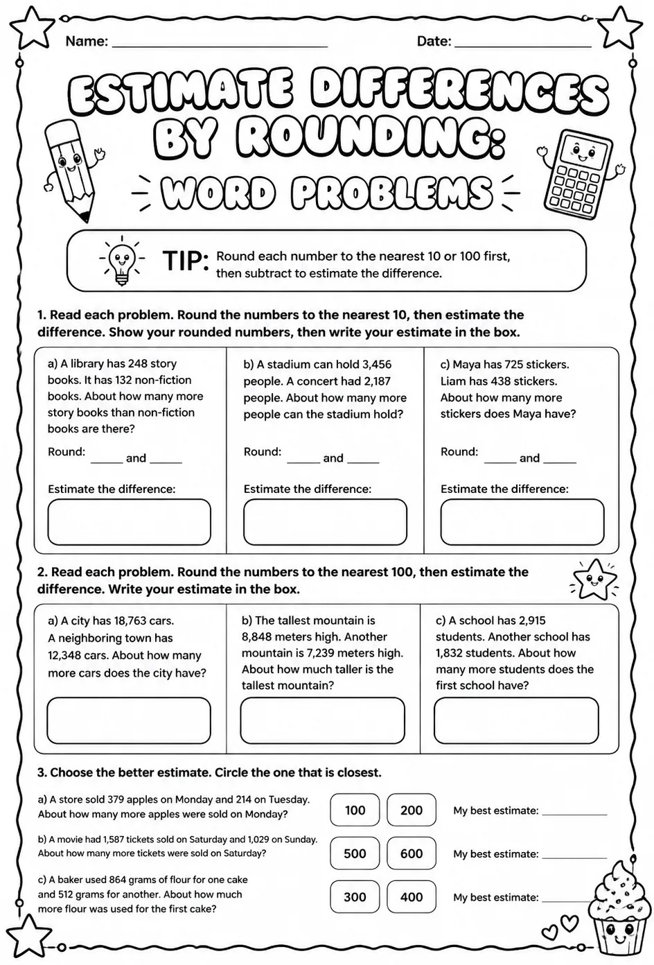 Estimate differences by rounding: word problems — free printable Grade 3 math worksheet
