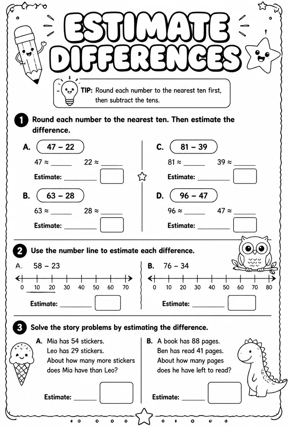 Estimate differences — free printable Grade 2 math worksheet