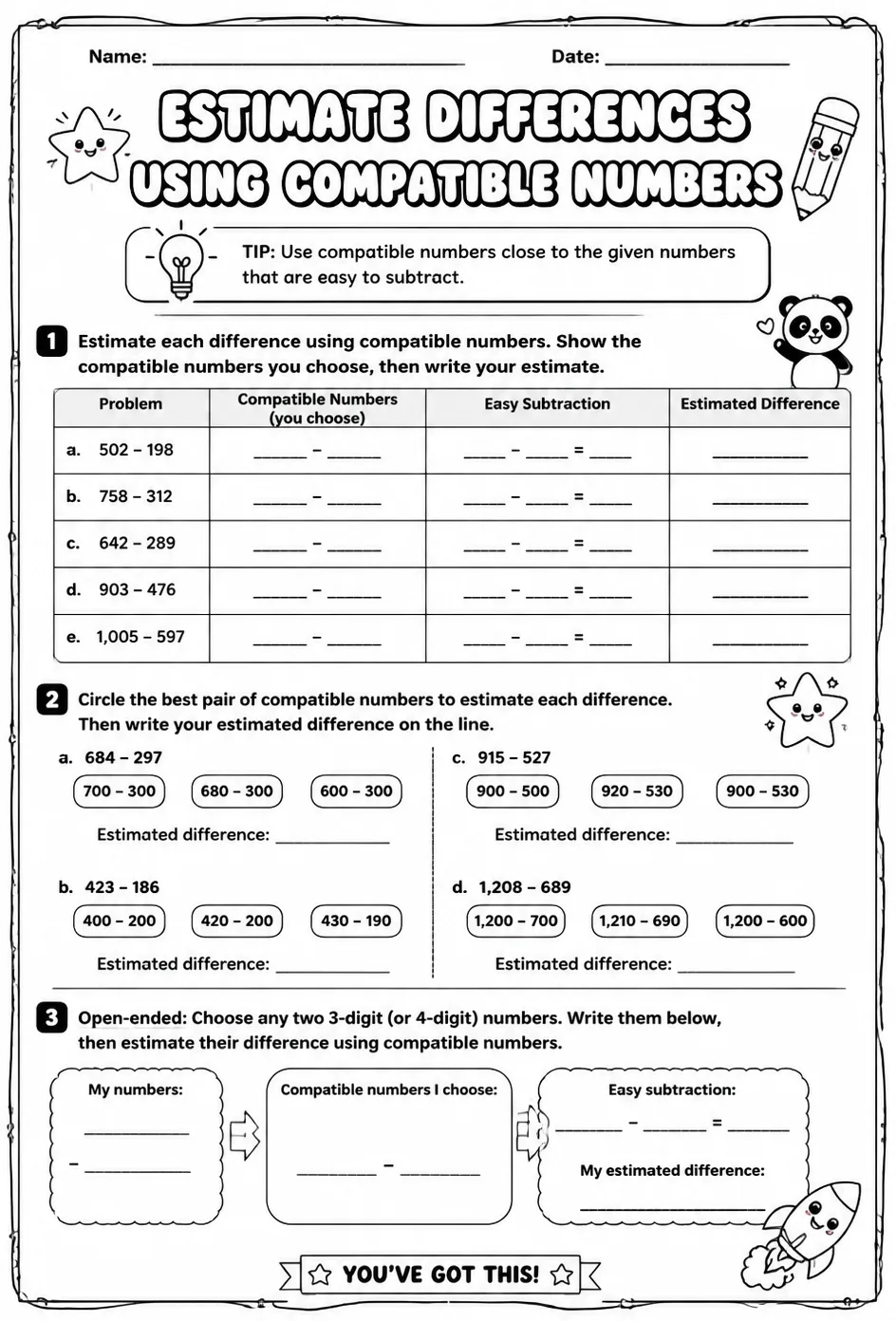 Estimate differences using compatible numbers — free printable Grade 3 math worksheet