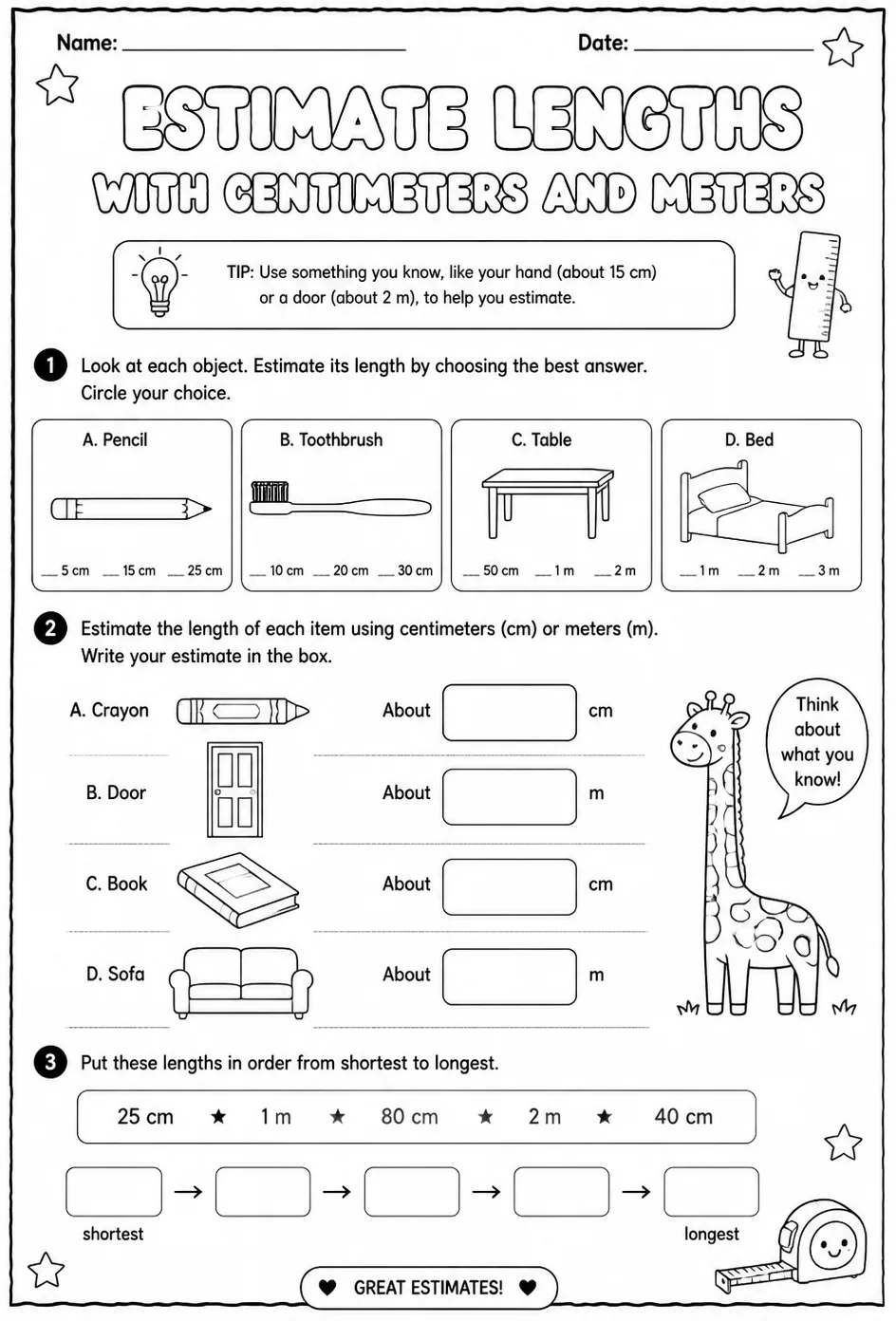 Estimate lengths with centimeters and meters — free printable Grade 2 math worksheet