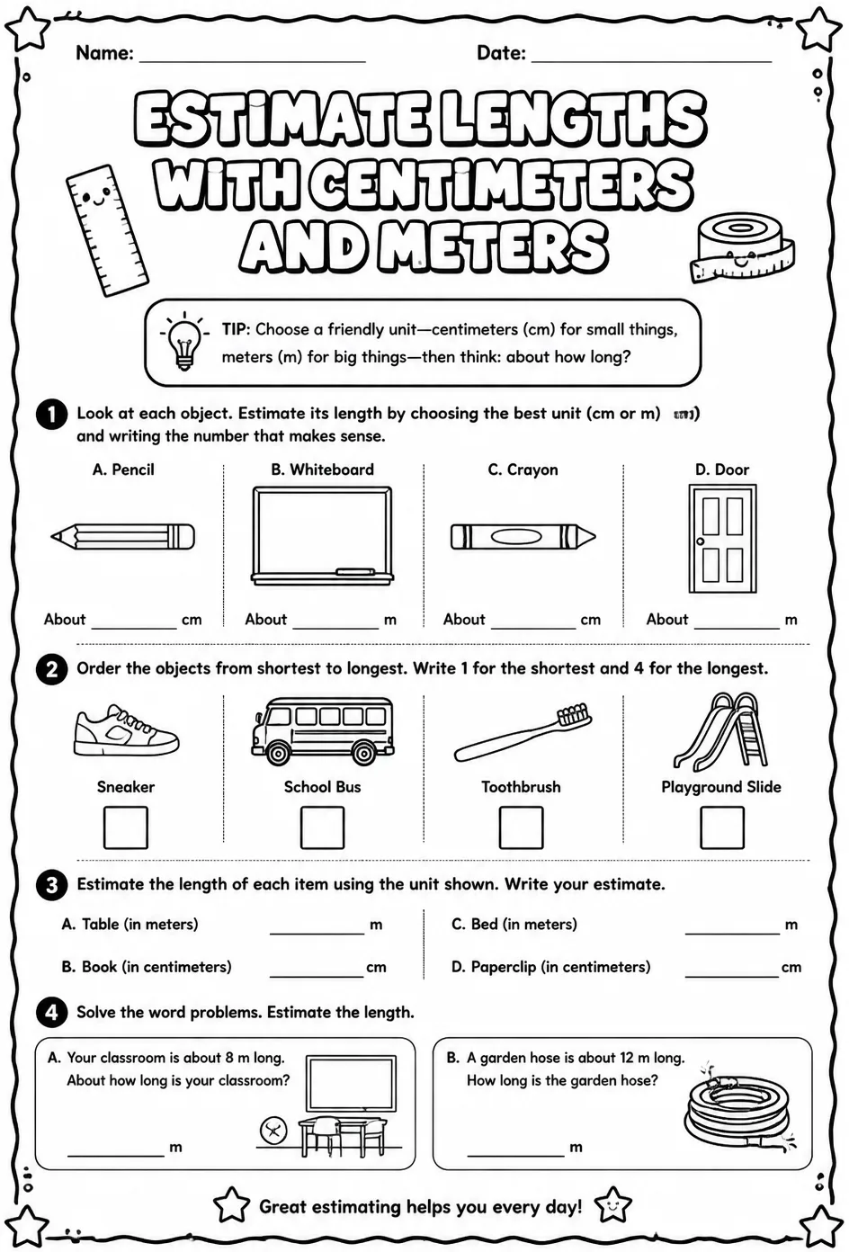 Estimate lengths with centimeters and meters — free printable Grade 3 math worksheet